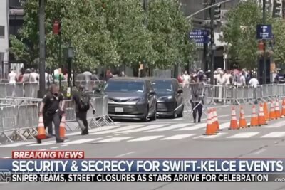 Security barricades, police officers and restricted streets surround Madison Square Garden ahead of Taylor Swift and Travis Kelce's wedding celebration in New York City.