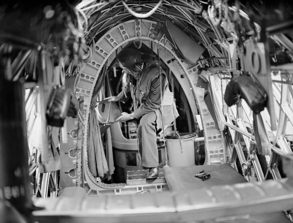 Interior of an RAF Vickers Wellington bomber showing the cramped wartime crew compartment