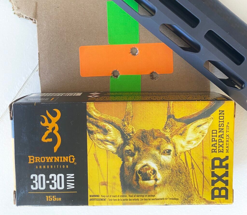 Henry SPD HUSH 100-yard accuracy target with Browning BXR .30-30 showing a 1.2-inch three-shot group