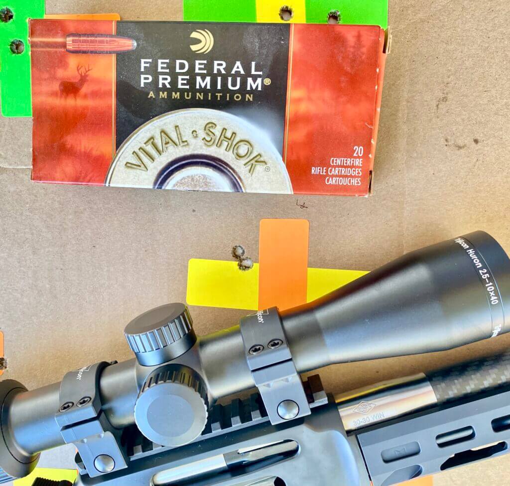Henry SPD HUSH .30-30 accuracy target showing a .30-inch three-shot group at 100 yards