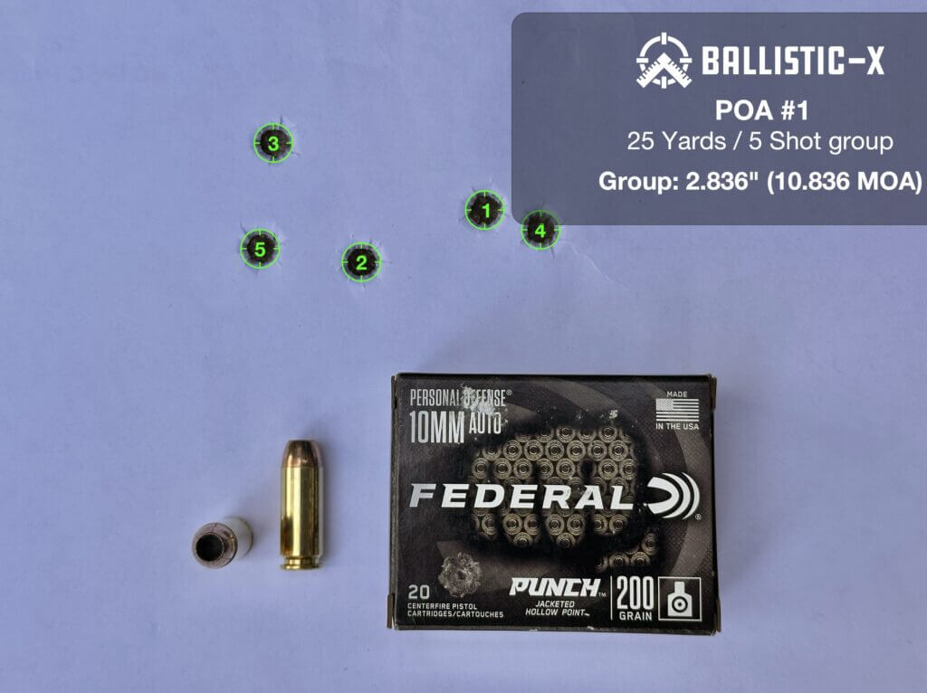 Federal Punch JHP 200 grain 25-yard group from the Chiappa Rhino 60 DS 10mm revolver
