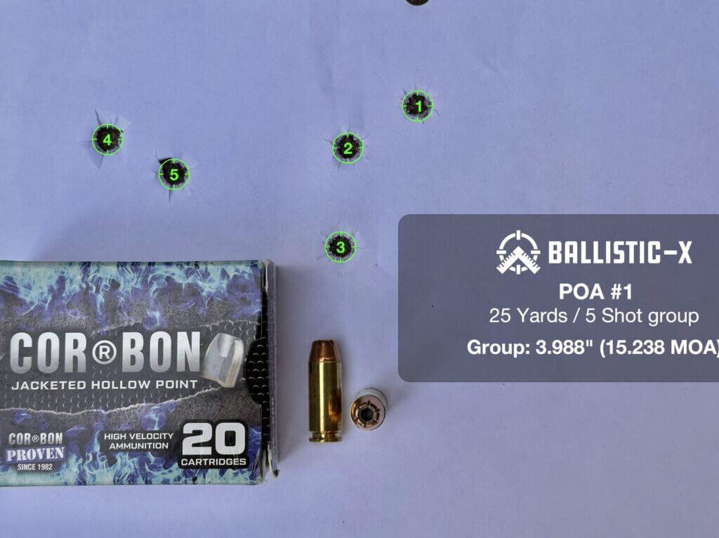 Cor-Bon 150 grain JHP 25-yard target from the Chiappa Rhino 60 DS 10mm accuracy test showing a 3.99 inch group
