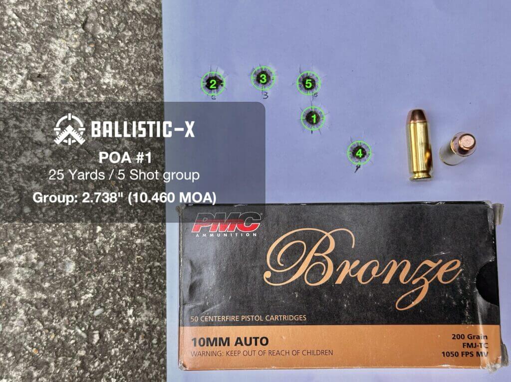 PMC Bronze 200 grain FMJ-TC 25-yard group from the Chiappa Rhino 60 DS 10mm accuracy test