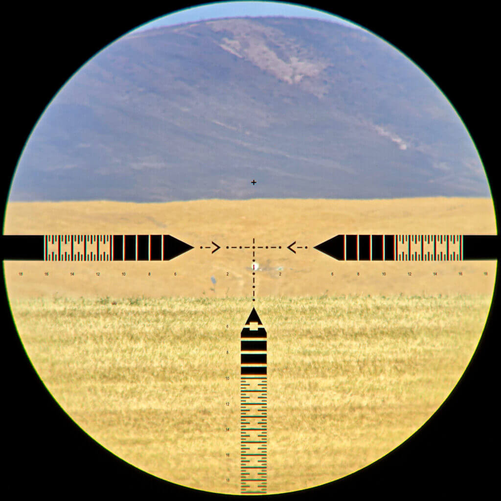 Long-range target viewed through the ZCO ZC210 SAN-1 reticle at approximately one mile