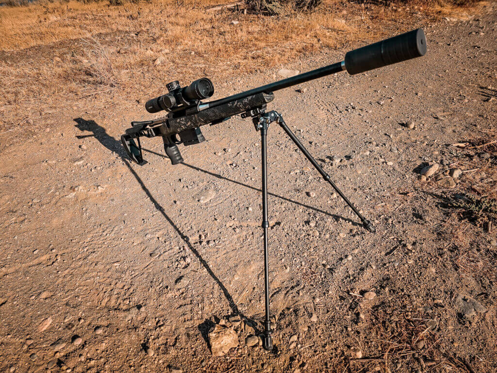 Hatch High Country Lite hunting bipod fully extended to 20 inches for seated field shooting