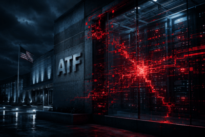 ATF building and computer servers illuminated by red digital cybersecurity breach graphics