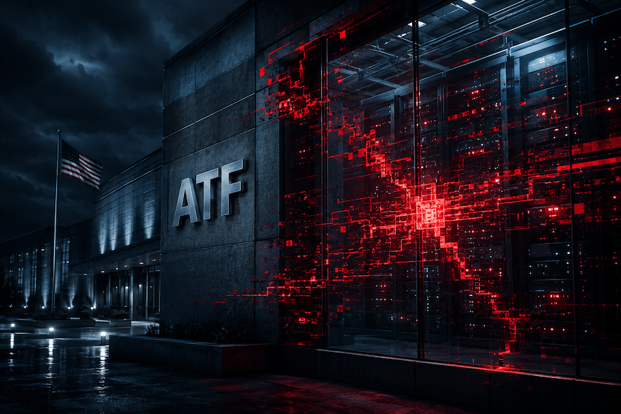 ATF building and computer servers illuminated by red digital cybersecurity breach graphics