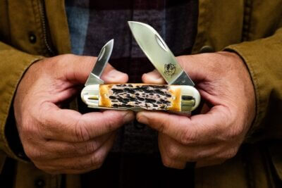 Bear & Son Piranha 559L two-blade pocket knife with Genuine India Stag Bone handle.