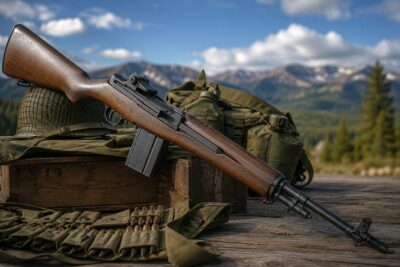 A military-style M14 rifle rests on a wooden crate alongside vintage field gear and ammunition against a rugged mountain backdrop.