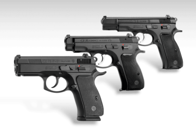 CZ 75 P-01, CZ 75 Compact and CZ 75 B pistols displayed together