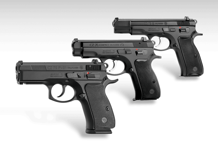 CZ 75 P-01, CZ 75 Compact and CZ 75 B pistols displayed together