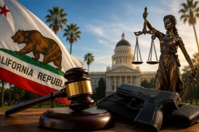 A judge's gavel, Lady Justice statue, handgun, and California state flag symbolize the settlement of a major California concealed carry lawsuit.