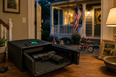 Biometric handgun safe inside a family home symbolizing the Wisconsin foster parent gun ruling protecting Second Amendment rights.