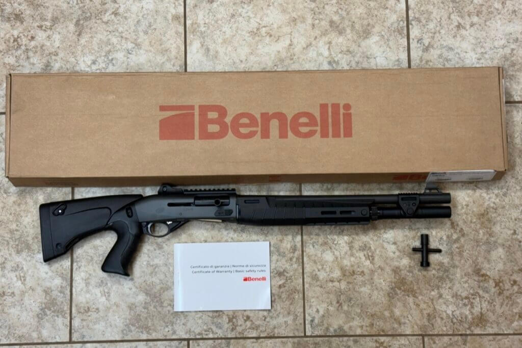 Benelli M2-G1 tactical shotgun and included accessories out of the box