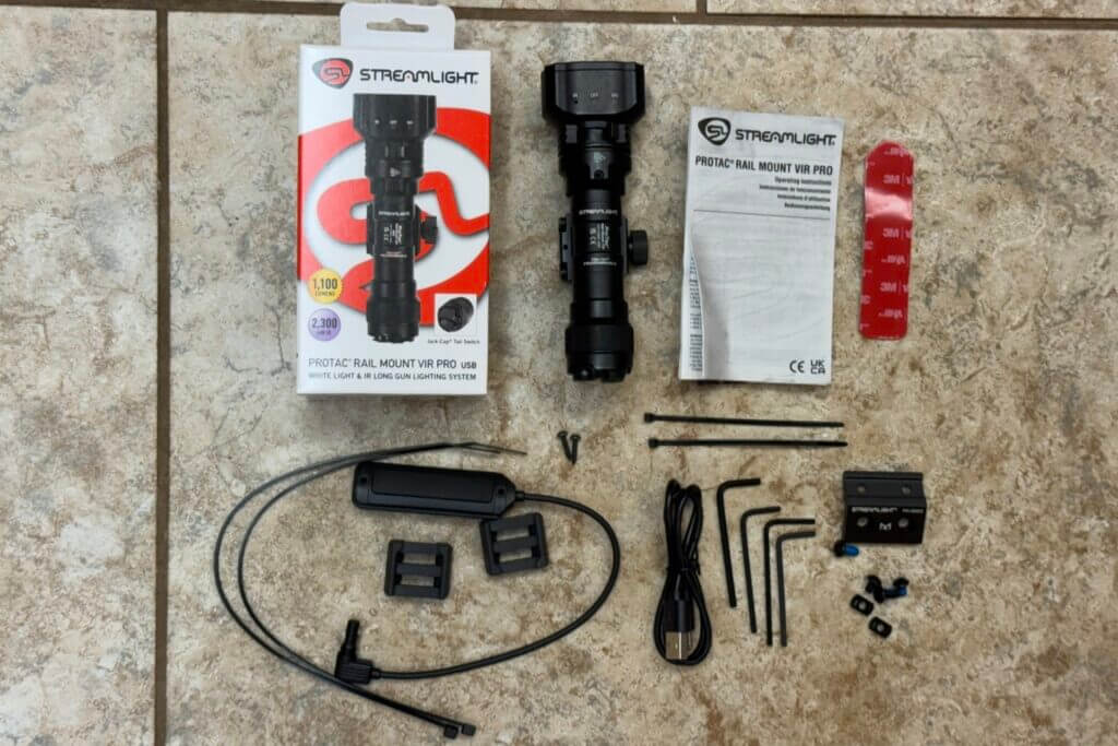 Streamlight ProTac Rail Mount VIR Pro kit with mounts, pressure switch, SL-B26 battery, charger, and hardware