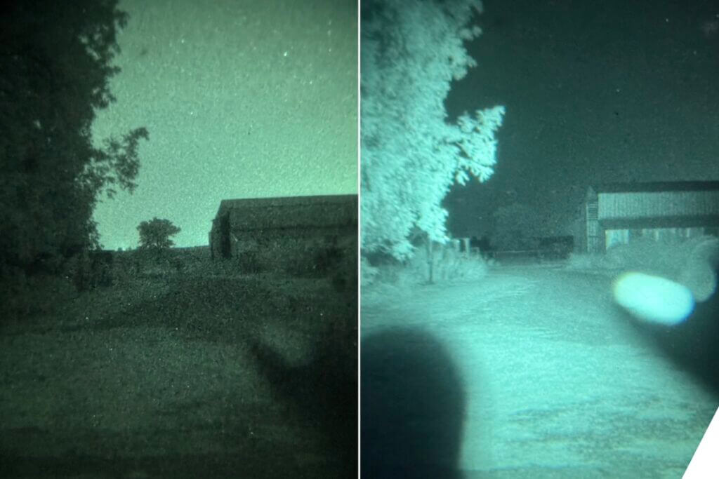 Streamlight VIR Pro IR high illuminating barn at 65 yards and distant tree at 255 yards through night vision