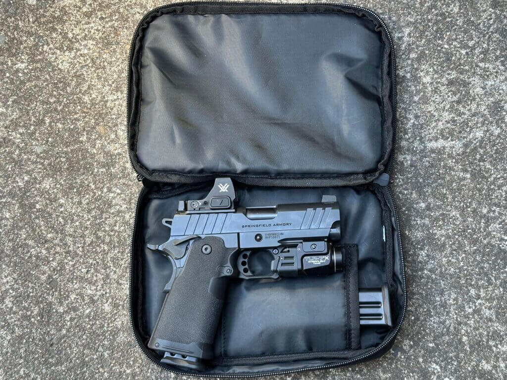 Springfield Prodigy 3.5 AOS inside included soft handgun case with two 18-round Mec-Gar magazines