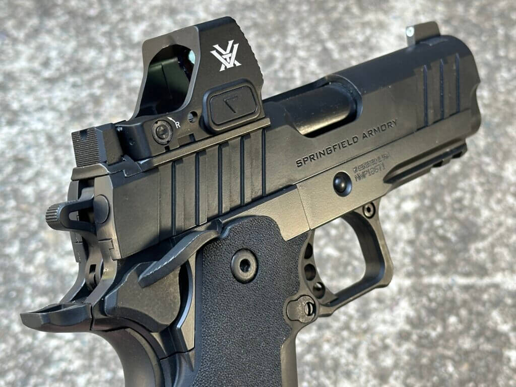 Rear closeup of Springfield Prodigy 3.5 AOS showing bobbed beavertail and recontoured hammer