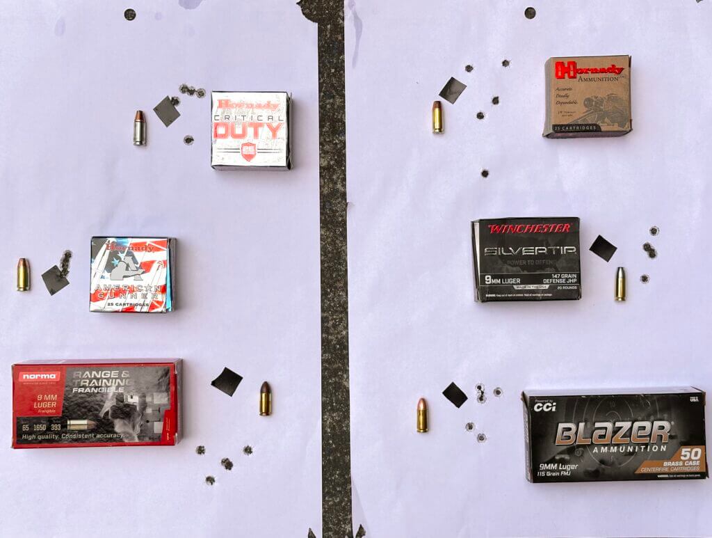 Springfield Prodigy 3.5 AOS 15-yard accuracy target showing six 9mm ammunition groups