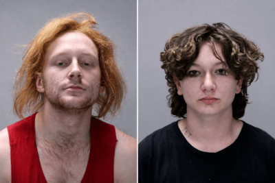 Side-by-side booking photos of burglary suspects Alexandria Mosher and Dominick Wood, who were arrested after an armed homeowner confronted them during a break-in in Ontario County, New York.