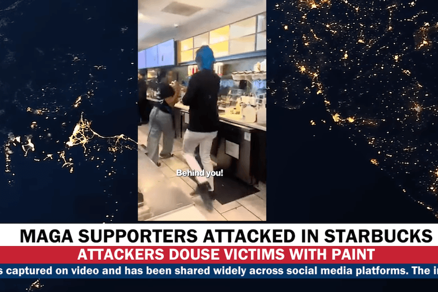Video screenshot showing people inside a California Starbucks during a reported paint attack on MAGA supporters.