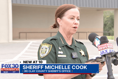 Clay County Sheriff Michelle Cook speaks to reporters about a homeowner shooting a suspect who entered a detached garage