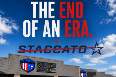 Graphic showing Shooters Choice storefront with "The End of an Era" headline after the dealer announced it was dropped from Staccato's authorized dealer network.