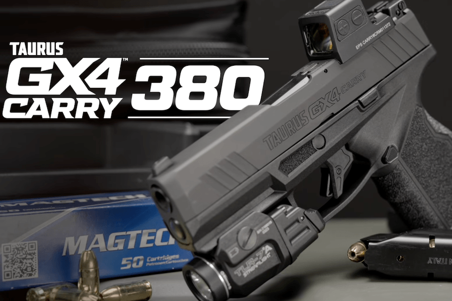 The Taurus GX4 Carry chambered in .380 Auto with a mounted red dot optic, weapon light, and ammunition displayed on a tabletop.