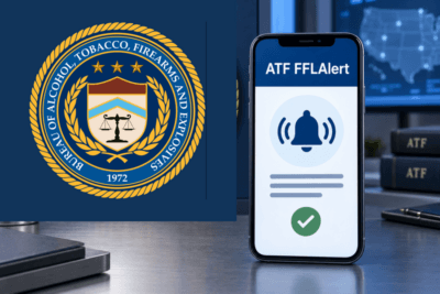 ATF seal beside a smartphone displaying an ATF FFLAlert notification.