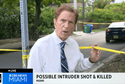 CBS News Miami reporter Peter D’Oench at the scene where a possible intruder was shot and killed.