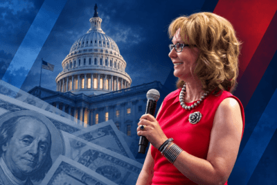 Editorial collage of Gabby Giffords, the U.S. Capitol and currency imagery representing election spending.