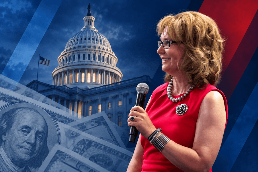 Editorial collage of Gabby Giffords, the U.S. Capitol and currency imagery representing election spending.