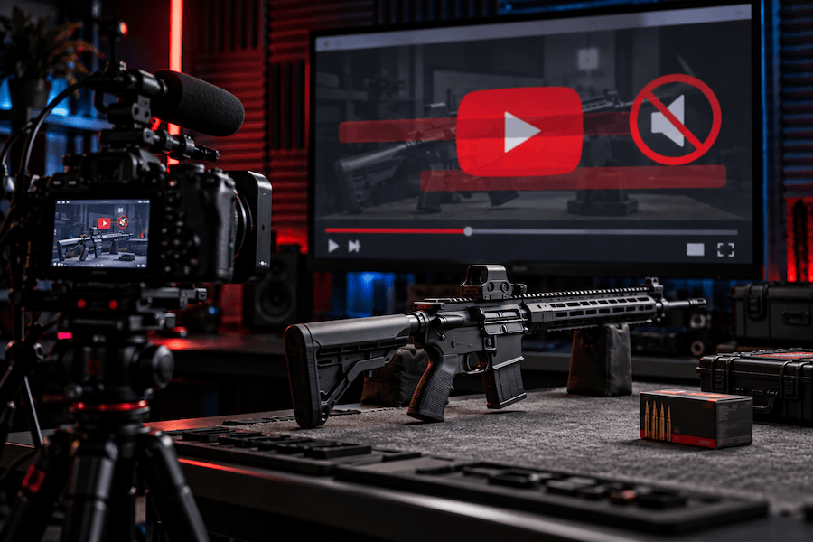 Video camera filming a rifle review as a blocked video symbol represents YouTube’s tighter firearm-content rules.