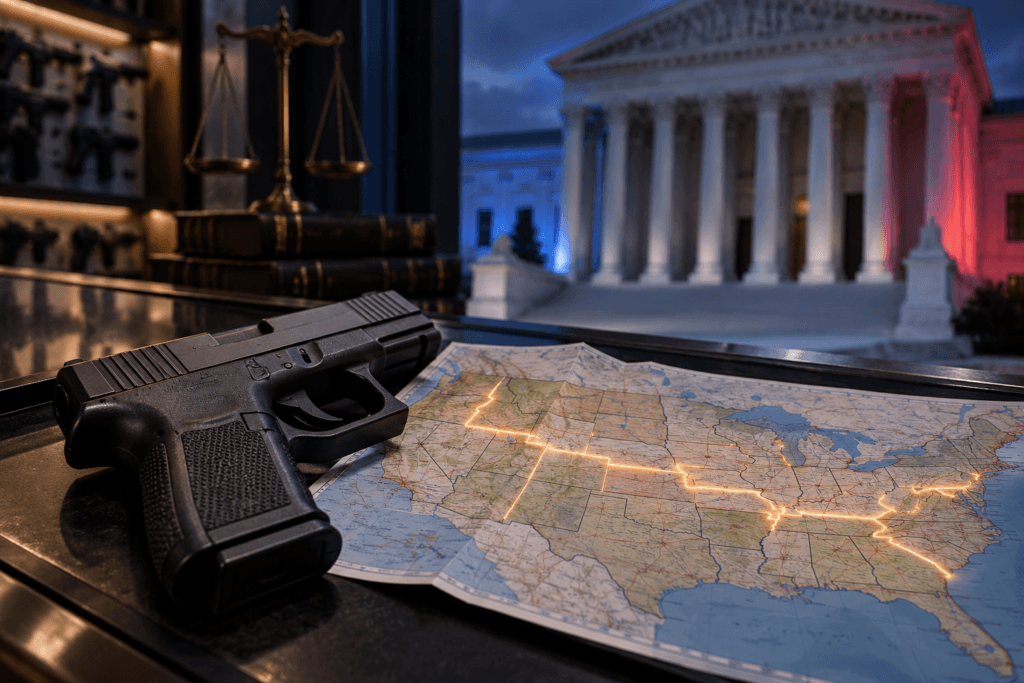 Handgun resting on a U.S. map with illuminated state borders and a federal courthouse in the background.