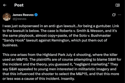 Screenshot of James Reeves’ X post saying he was subpoenaed in the Roberts v. Smith & Wesson lawsuit.