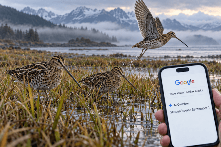 Wilson’s snipe in an Alaska marsh beside a phone displaying an incorrect Google AI hunting-season date.