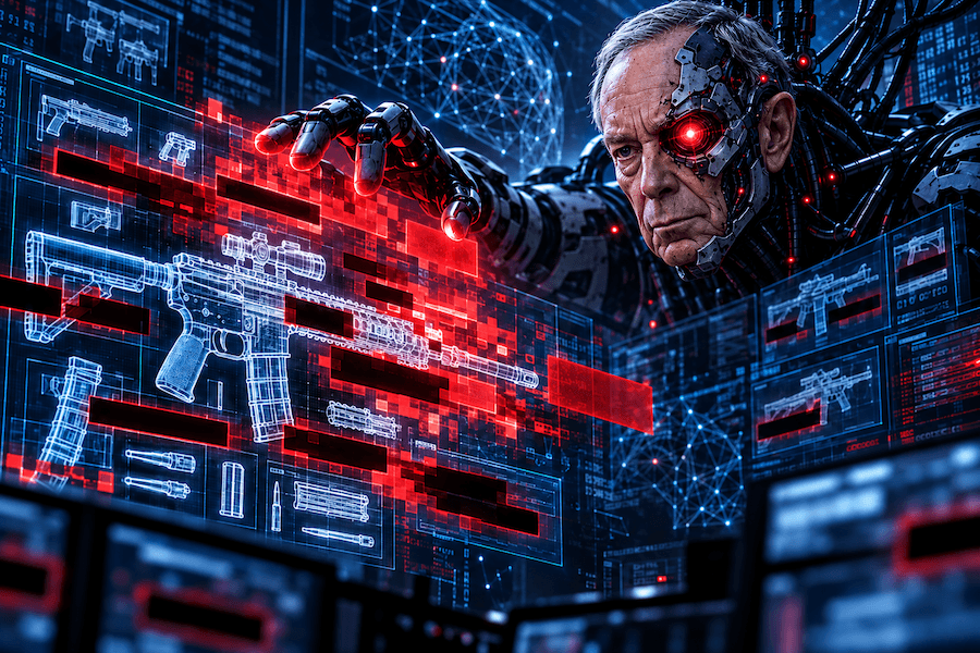 Robotic Michael Bloomberg figure censoring firearm information on an artificial intelligence system.