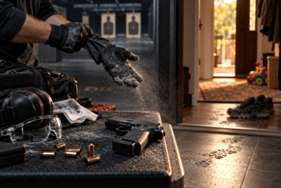 Shooter removes lead-dusted gloves beside a handgun and range equipment near a home entrance.
