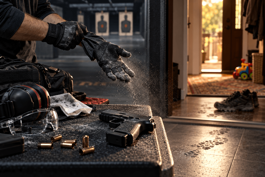 Shooter removes lead-dusted gloves beside a handgun and range equipment near a home entrance.