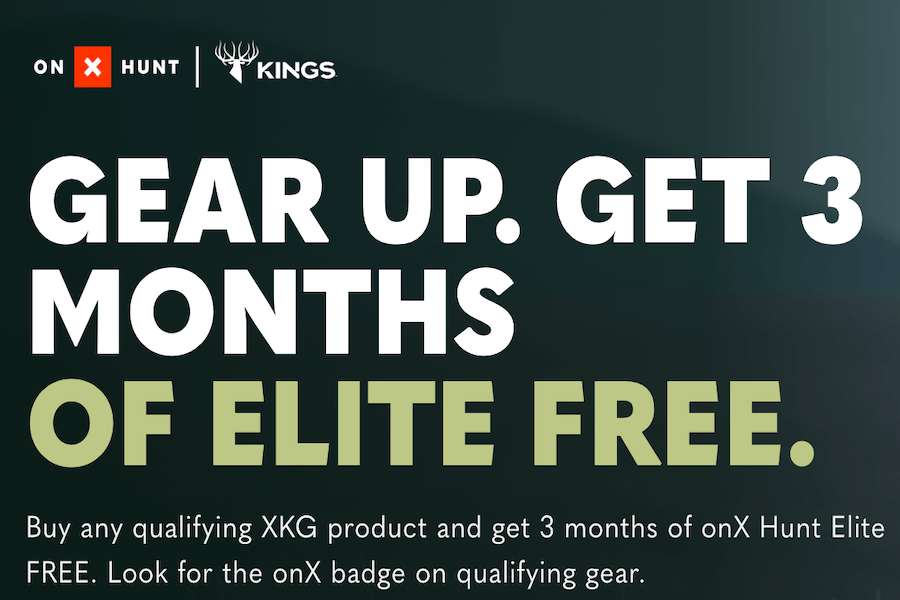 Kings Camo and onX Hunt graphic advertising three free months of Hunt Elite with a qualifying XKG purchase.
