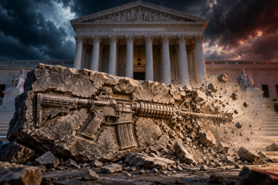 Fossilized AR-style rifle crumbling outside the U.S. Supreme Court.