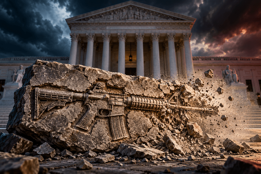 Fossilized AR-style rifle crumbling outside the U.S. Supreme Court.
