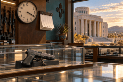 Handgun secured inside a gun-store display beside a clock, calendar and courthouse representing New Mexico’s seven-day waiting period.