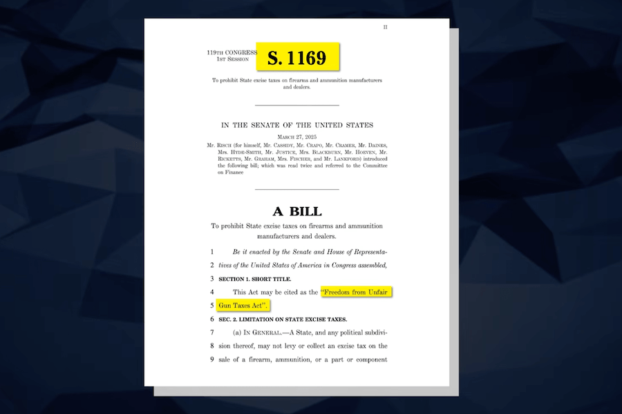 S. 1169 Freedom from Unfair Gun Taxes Act bill text highlighted against a dark blue background.