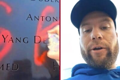 Split image of Jonathan Tijerina and red spray paint covering victim names at the 9/11 Memorial.