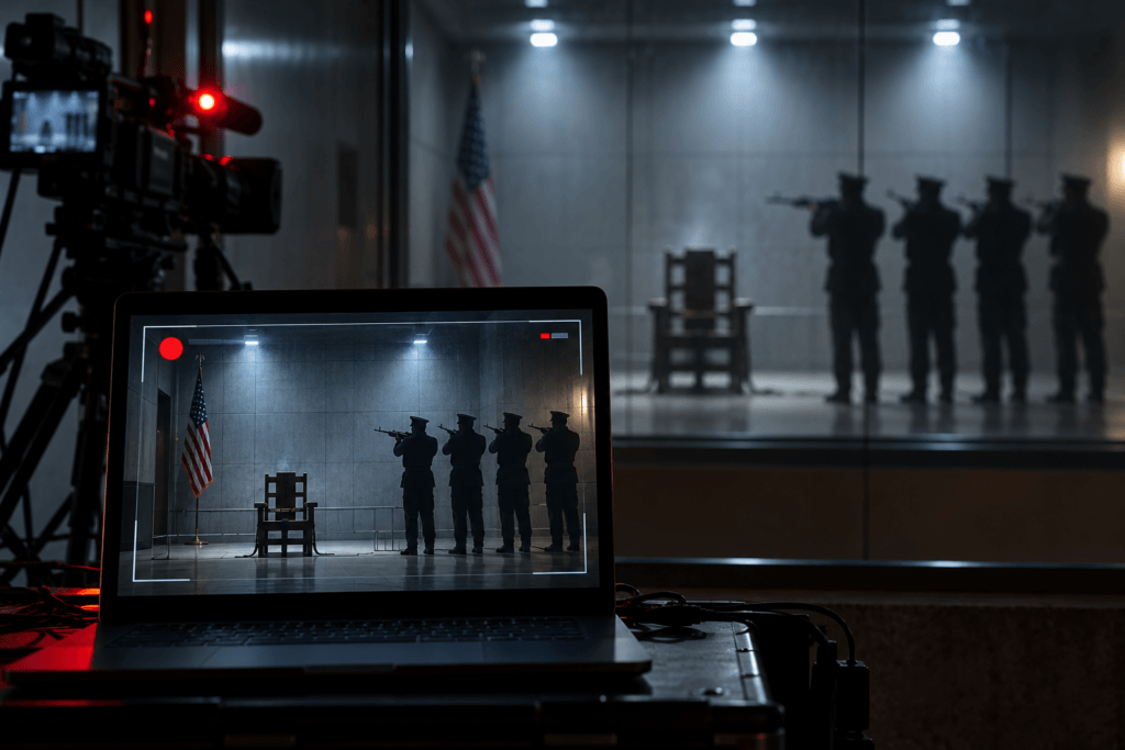 Military firing squad and video camera illustrate the proposed livestream of Nidal Hasan’s execution.