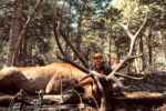 Country singer Riley Green kneels behind a large Utah bull elk harvested with a compound bow.