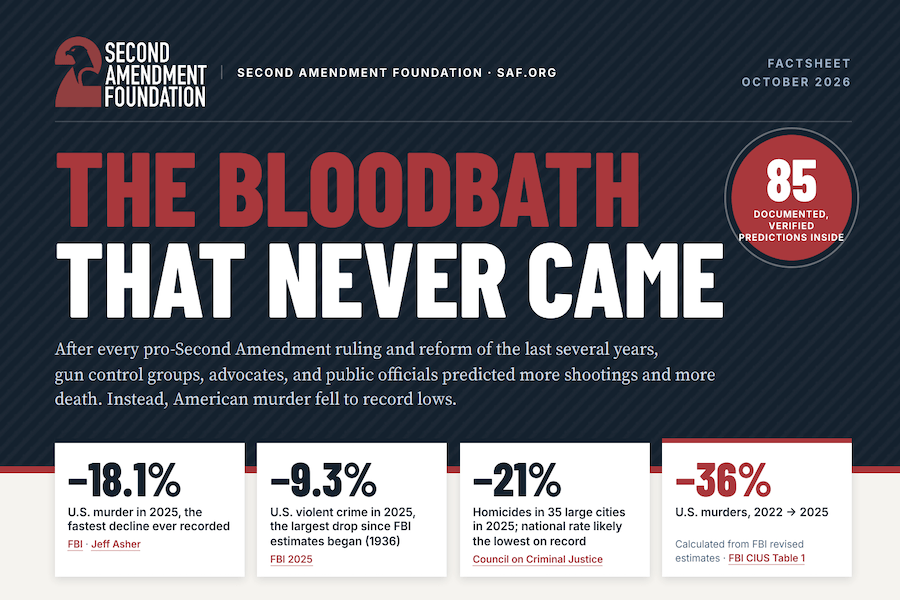SAF fact sheet highlights 85 anti-gun predictions alongside falling U.S. murder and violent crime rates.