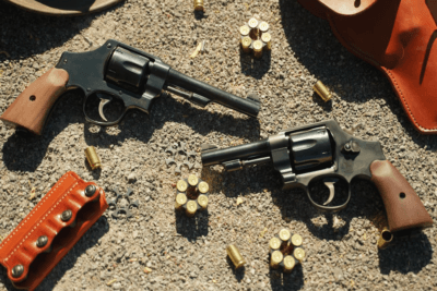 Smith & Wesson Model 1917 and Model 22 Classic revolvers with moon clips and .45-caliber ammunition.