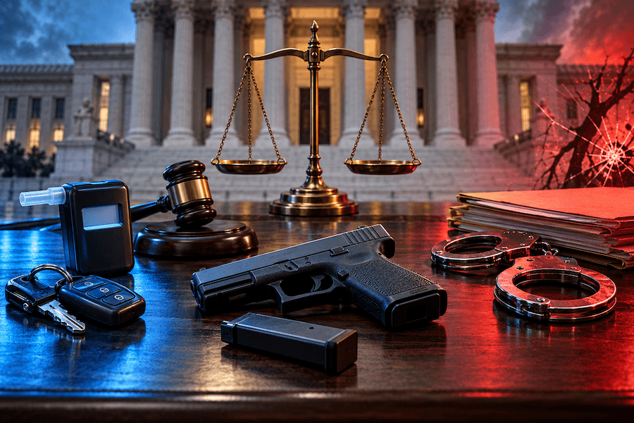 Federal courthouse, handgun and scales of justice illustrating two Third Circuit gun-rights rulings.